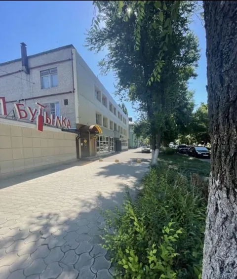 Вид с улицы на здание ателье на Ермака, 88 и вход под жёлтым козырьком